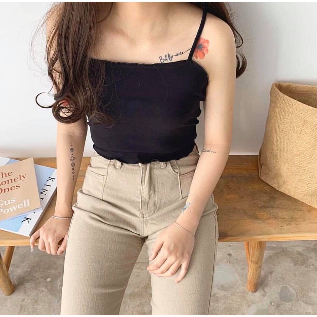 ÁO CROPTOP 2 DÂY CUỐN BIÊN ĐEN TRẮNG VÀNG HỒNG TÍM - CROPTOP LEN TĂM NHÚN VIỀN BÈO NHIỀU MÀU