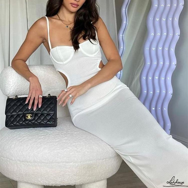 LD-Women Party Dress, Solid Color Hollow-Out Spaghetti Strap Sleeveless Bodycon One-Piece for Ladies, S/M/L