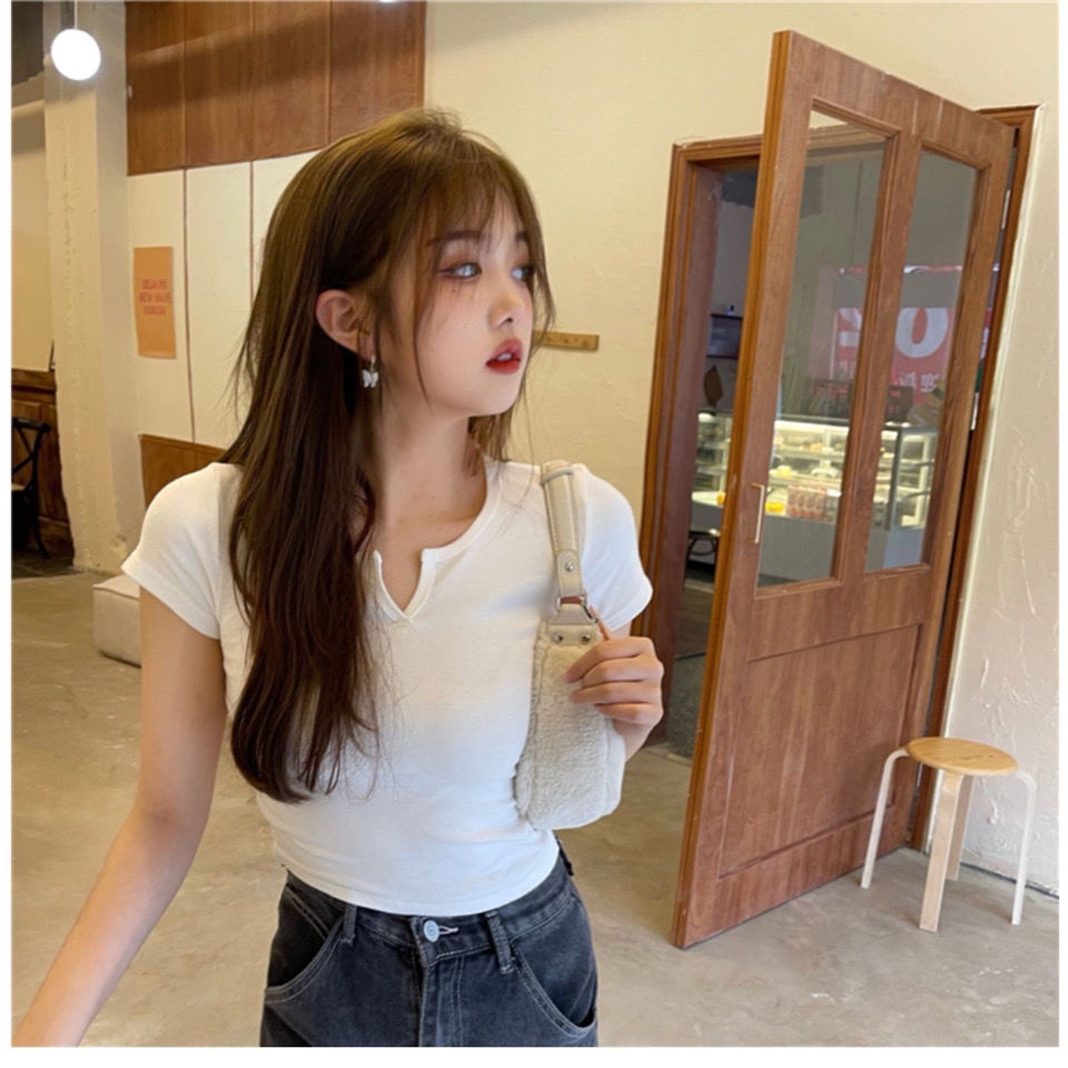 Happy-store  Áo CroptopTay Ngắn Phồng Cổ Chữ V Phong Cách Hàn Quốc Cho Nữ Happy Store