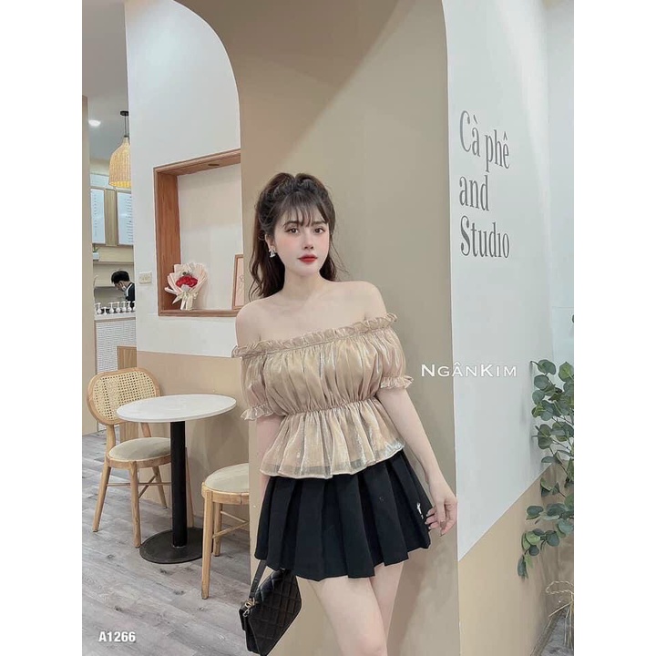 Áo trễ vai bánh bèo tơ bóng quây ngực tay ngắn thiết kế bo chun dễ thương HIJUNE AK05