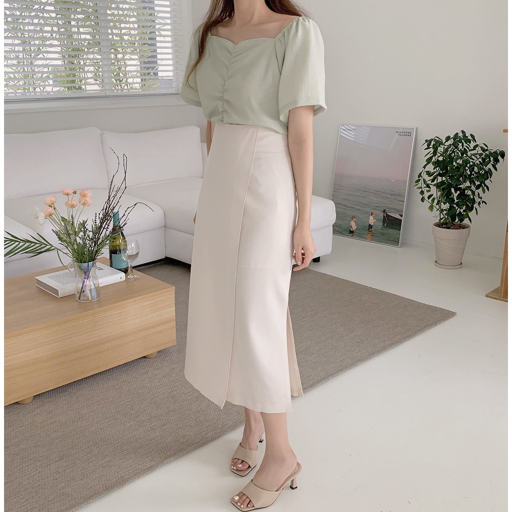 Áo sơ mi cổ chữ V tay ngắn/ chân váy dài xẻ tà 44625 phong cách Hàn Quốc dành cho nữ