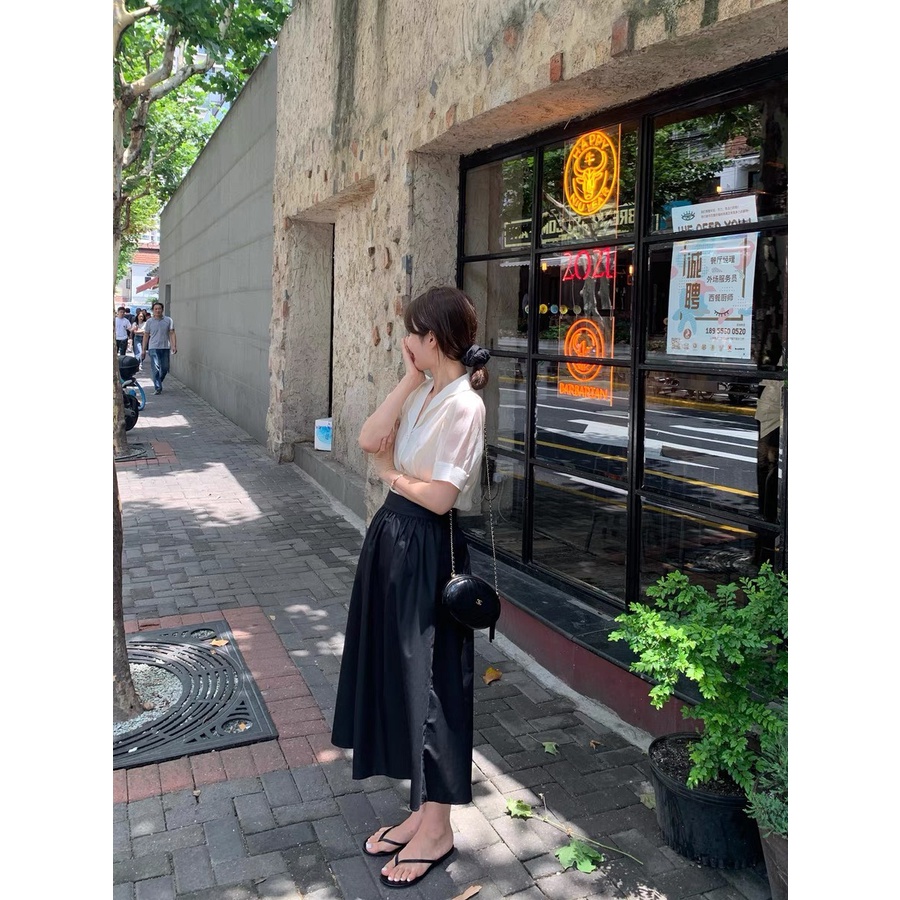 (Hàng có sẵn) Chân váy mùa thu cạp cao eo thon, có túi phong cách Hàn Quốc.