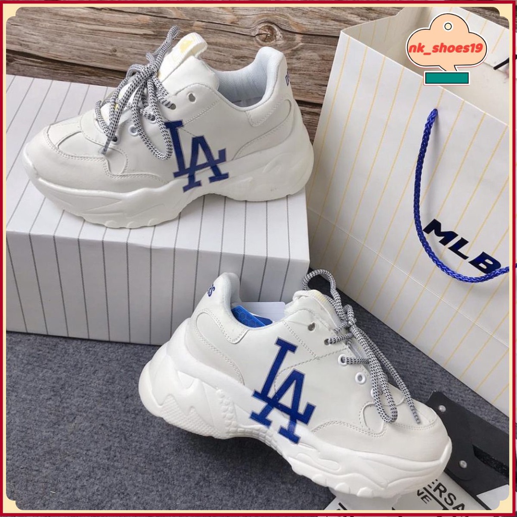 Giày độn đế MLB la trắng chữ xanh. Giày thể thao sneaker nam nữ hot trend tăng chiều cao Full Box Bill