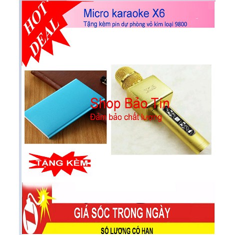 Micro hát karaoke X6 vàng kim tặng kèm pin sạc dự phòng vỏ kim loại dung lượng 9800mAh