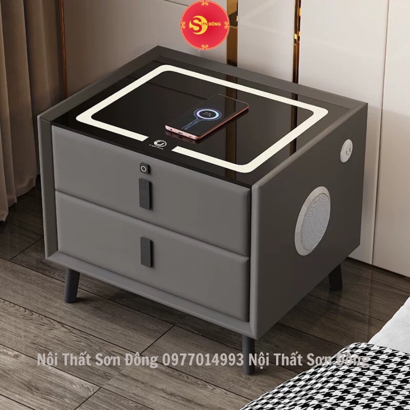 Tủ đầu giường thông minh phong cách hiện đại có loa Bluetooth xạc điện thoại không dây xạc usb có đèn led khoá vân tay