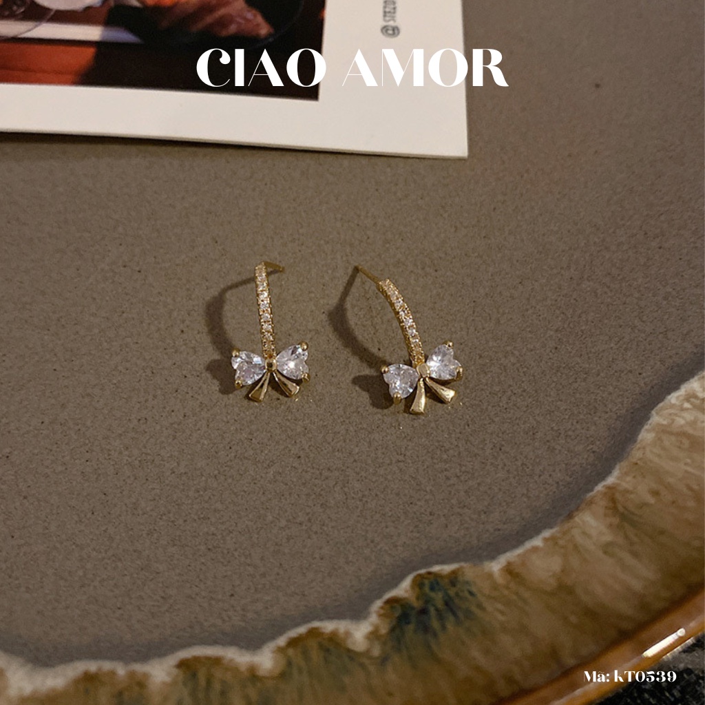 Khuyên tai nữ, Bông tai nụ thanh đính nơ ngắn mảnh dễ thương Trang sức Ciao Amor - KT0539