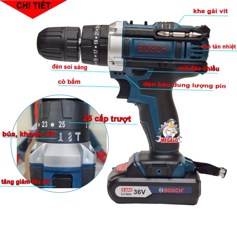 Máy Khoan Pin Bosch 36V 3 chức năng khoan tường, khoan bê tông, khoan sắt có búa + Tặng kèm Full phụ kiện -100% Lõi Đồng