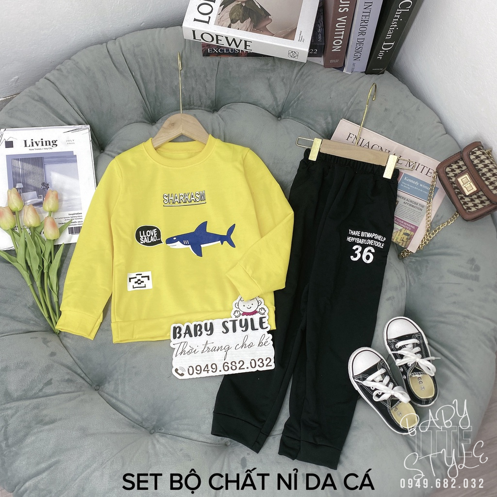 Bộ quần áo thu đông &quot;SHARK&quot; 14-48kg cho bé trai 4-14 tuổi. Bộ dài tay ấm áp cho bé.Vải nỉ da cá. Hàng may kỹ. B25