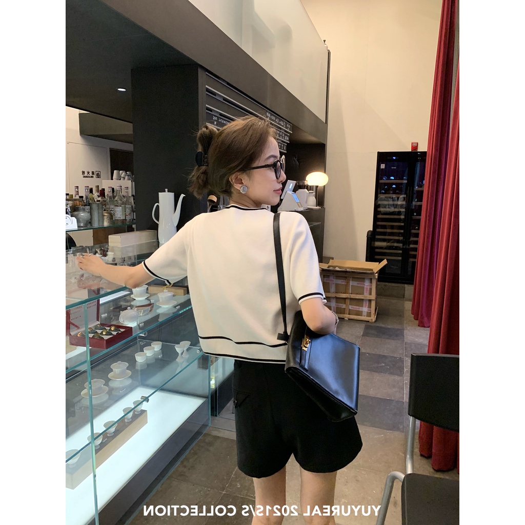 Xiaozhainv Áo Croptop Dệt Kim Tay Ngắn Phong Cách Pháp Cho Nữ