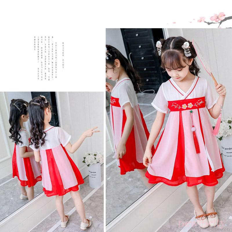 Đầm tay ngắn hoạ tiết hoa thêu phong cách Trung Quốc cho bé gái