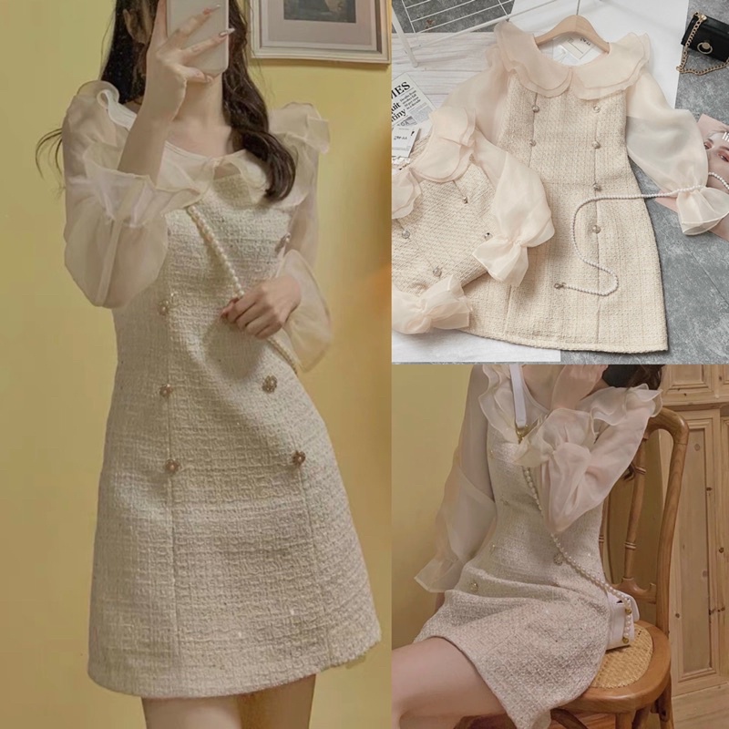 VÁY DẠ TWEED PHA TAY VOAN SIÊU SANG (hàng sẵn)