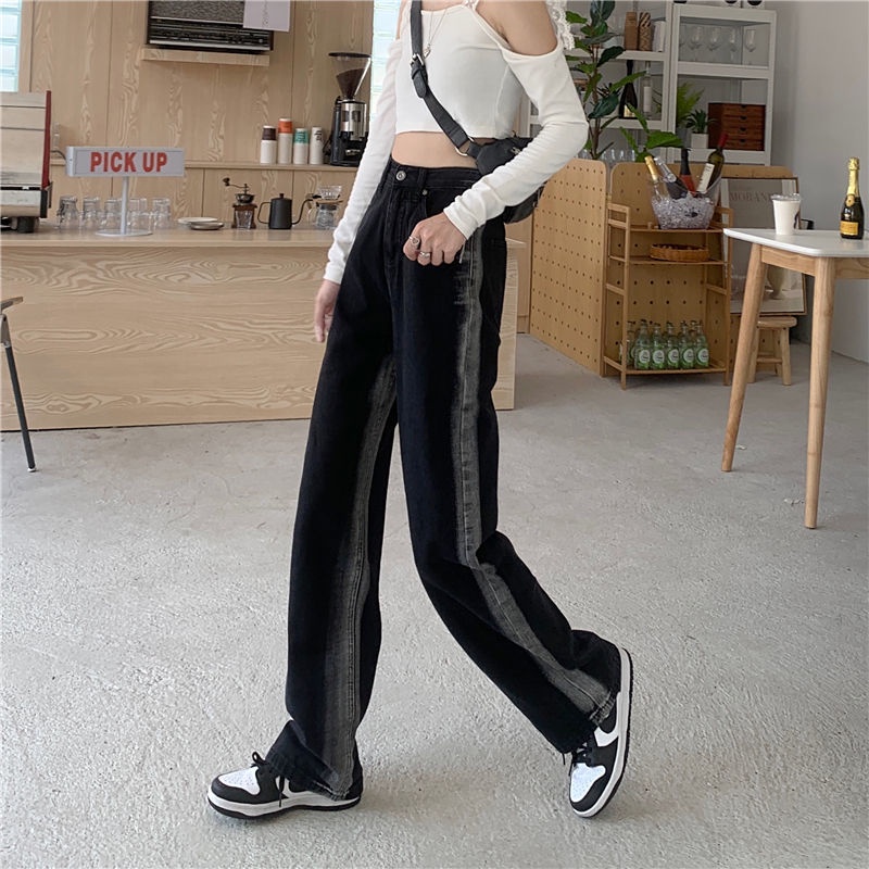 Quần Jeans Nữ Lưng Cao Ống Rộng Kẻ Sọc Trắng Đen Thời Trang