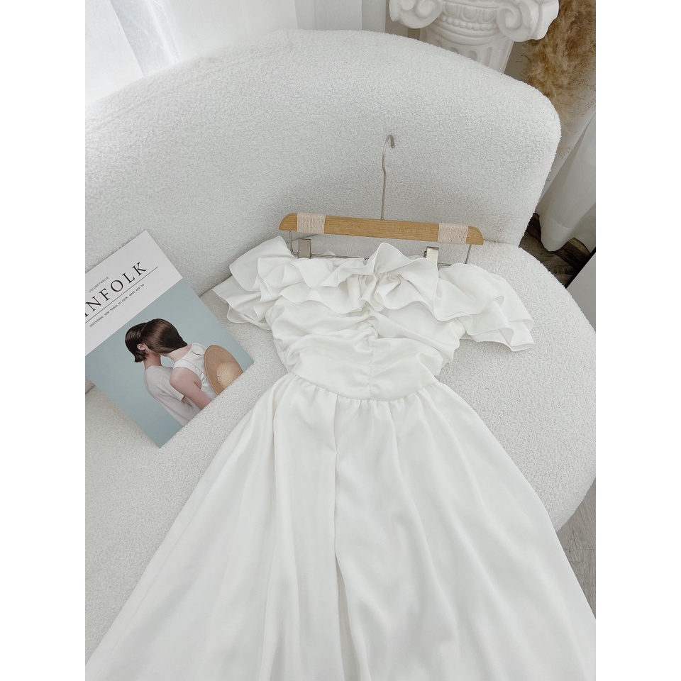 ĐẦM MIDI TRẮNG BẸT VAI NHÚN BÈO NHÍU NGỰC