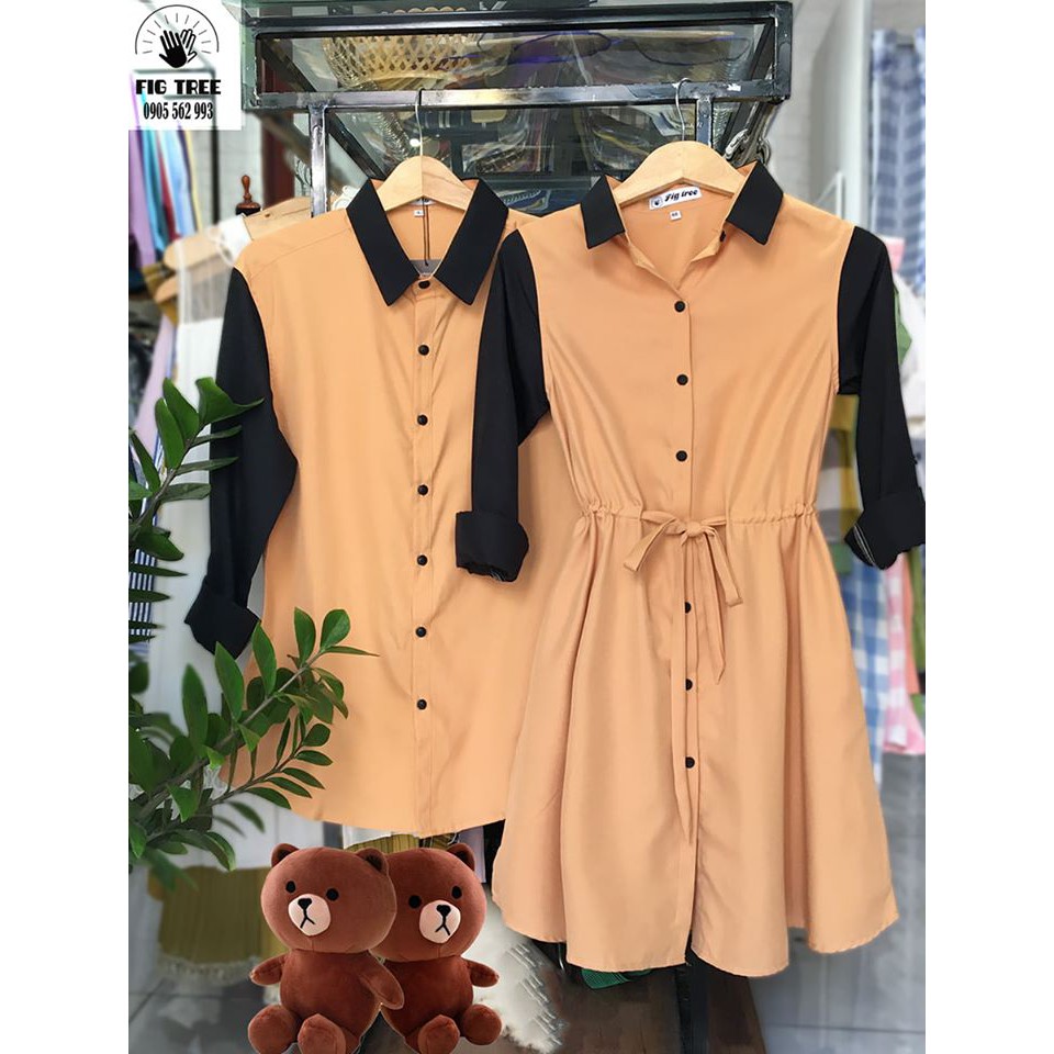 Set Sơ Mi Váy Gia Đình FIGTREE Vàng Phối Đen Nhã Nhặn