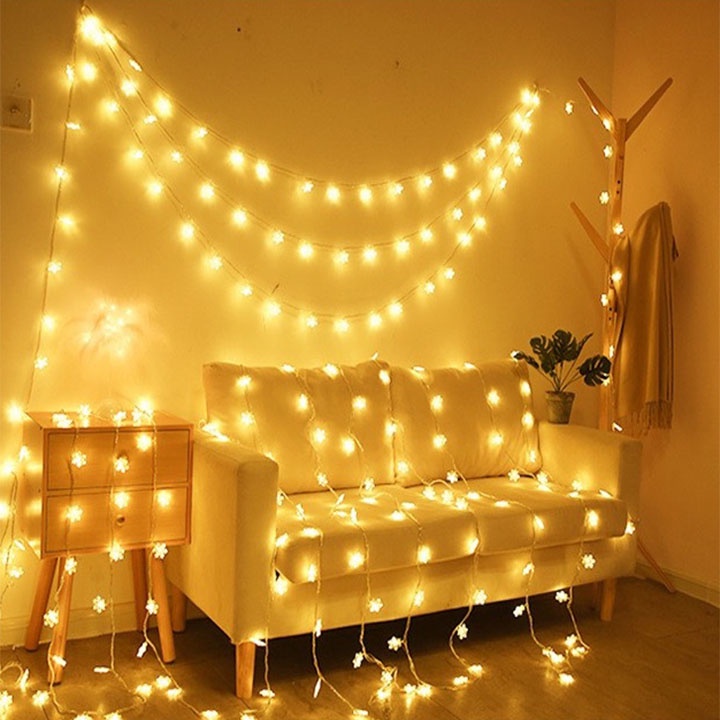Dây Đèn Led Hình Bông Tuyết Trang Trí, Đèn Led Pin 8 chế độ nháy- Mixiao