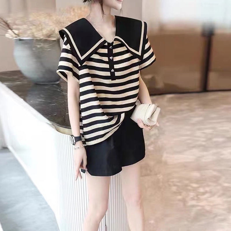 Áo Thun Dệt Kim Ngắn Tay Cổ Thủy Thủ Họa Tiết Kẻ Sọc Dáng Rộng Thời Trang Mùa Hè Hàng Mới Dành Cho Bạn Nữ 2022