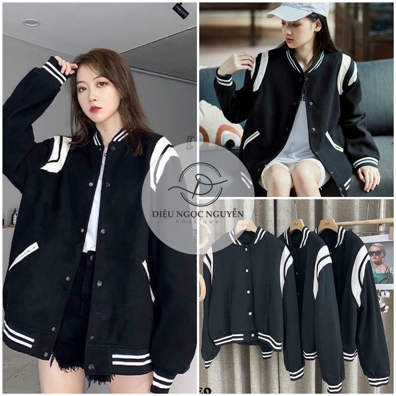 Bomber viền cúc bấm sọc trắng đen - unisex kèm ảnh thật