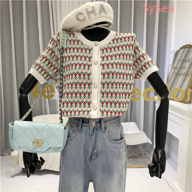 Áo Croptop Dệt Kim Tay Ngắn Mùa Hè Phối Khuy Ngọc Trai Thời Trang Dịu Dàng Cho Nữ