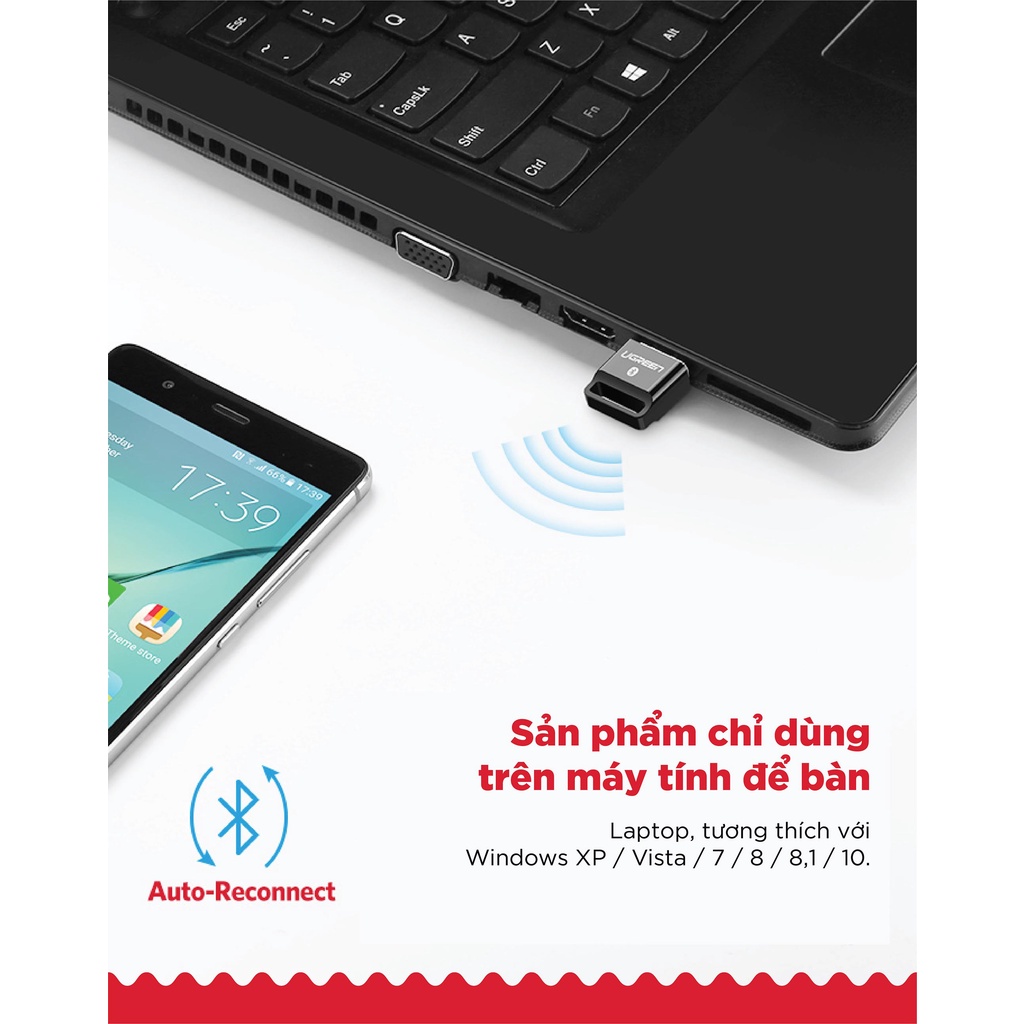 Thiết bị USB thu phát Bluetooth 4.0 UGREEN US192 cho máy tính laptop - Hàng phân phối chính hãng - Bảo hành 18 tháng