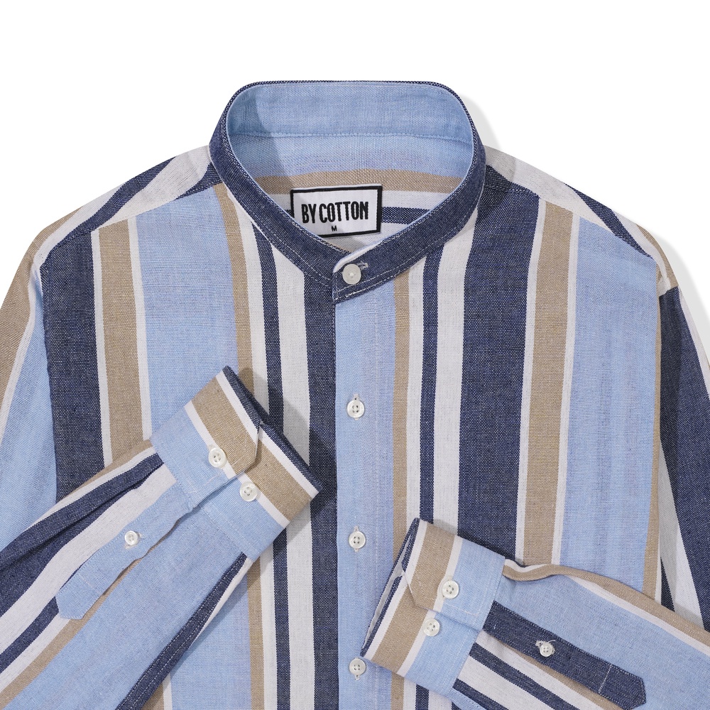 Áo Sơ Mi Nam Dài Tay Phối Sọc Nâu Trắng BY COTTON Linen Brown White Stripes Shirt