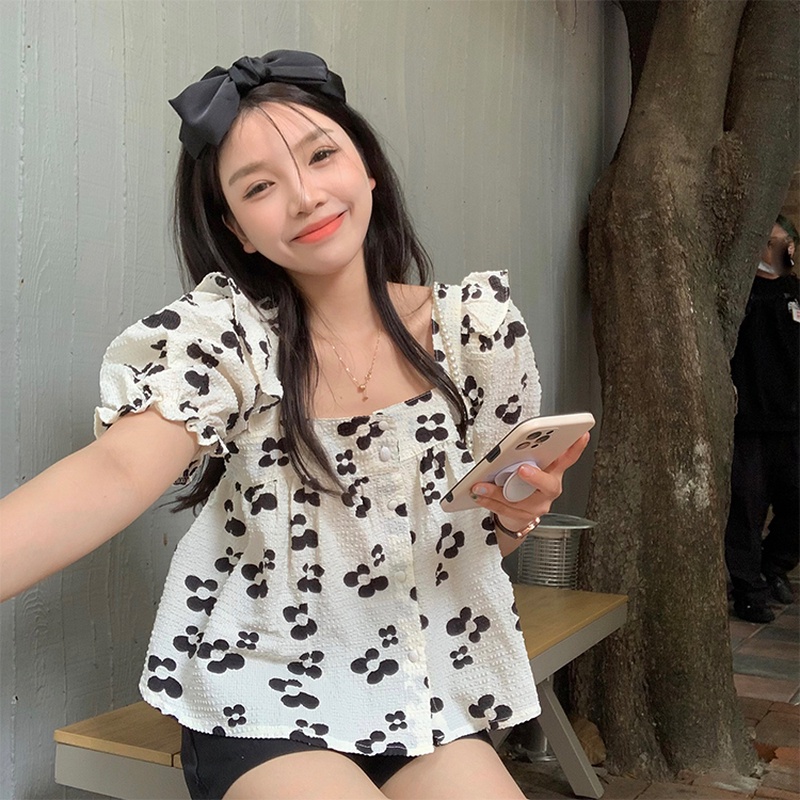 Áo Kiểu Tay Ngắn Cổ Vuông In Họa Tiết Hoa Thời Trang Mùa Hè Dễ Phối Đồ