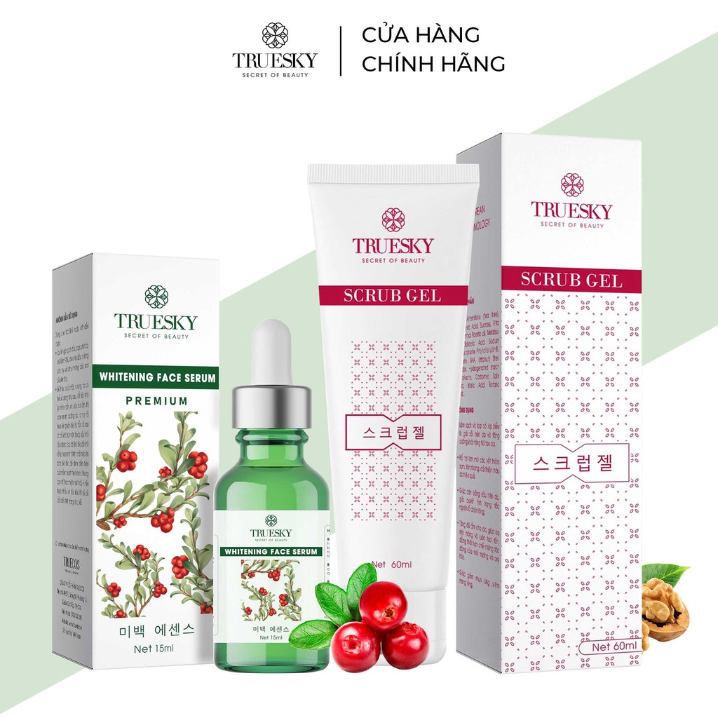 Bộ sản phẩm dưỡng trắng da mặt Truesky gồm 1 serum dưỡng trắng da mặt + 1 gel tẩy tế bào chết da mặt 60ml