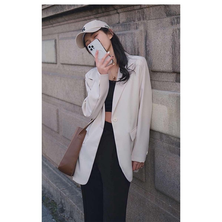 Áo Khoác Vest Màu Đen Dáng Rộng Cài Khuy Kiểu Anh Thời Trang Xuân Thu Cho Bạn Gái