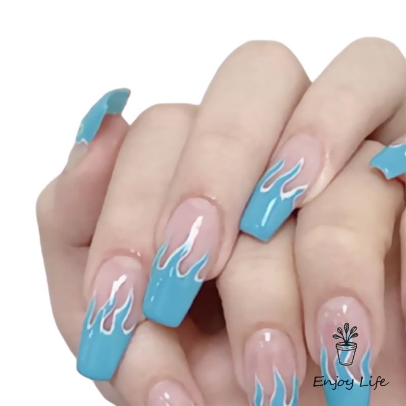 Bộ 24 Móng Tay Giả Họa Tiết Ngọn Lửa Xanh Độc Đáo
