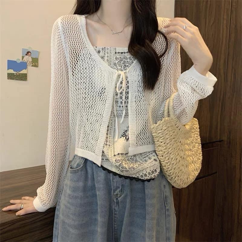 Áo Croptop Cardigan Len Mỏng Dạng Lưới Khoác Ngoài Thắt Nơ, Labibi