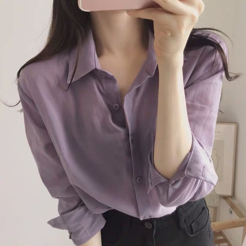 Áo sơ mi chiffon tay dài màu tím