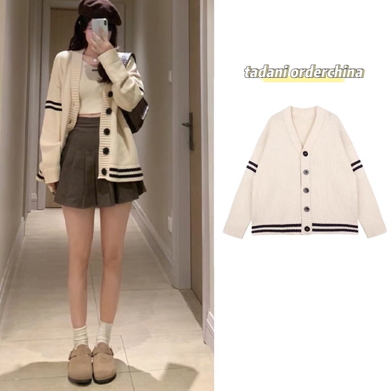Áo khoác cardigan len cổ V viền sọc ngang đen nổi bật cổ V oversize form rộng trùm mông