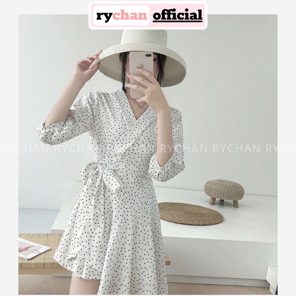 Đầm Xòe Bi Trắng Đắp Chéo Lệch Tà Hai Lớp Lót Trong Dày Dặn Cột Eo Đi Du Lịch Biển - DX734