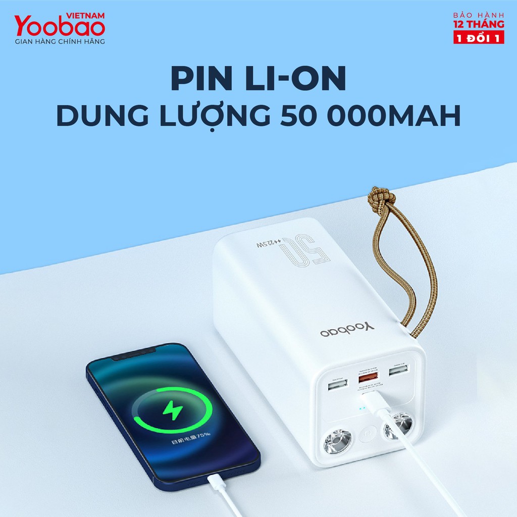 Pin sạc dự phòng YOOBAO H5 dung lượng 50000 mAh, tích hợp đèn pin siêu sáng, hỗ trợ các giao thức sạc nhanh