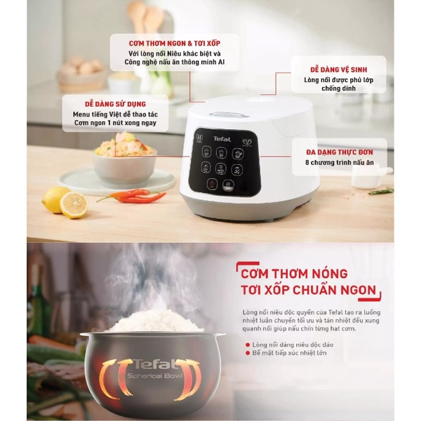 Nồi cơm điện mini Tefal RK7301681L - TH Pháp - 8 chương trình nấu - Hàng Chính Hãng
