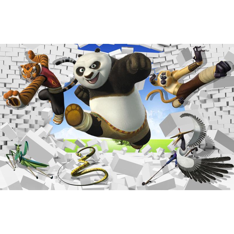 Tranh dán tường hoạt hình Kung Fu Panda in chất liêu PP phủ kim sa cao cấp