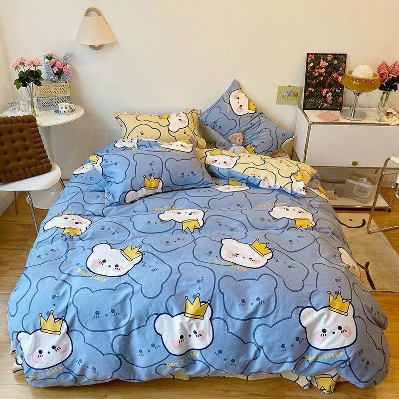 Bộ Chăn Ga Gối Cotton Poly Mèo Mặt Trắng Mặt Xanh Cute