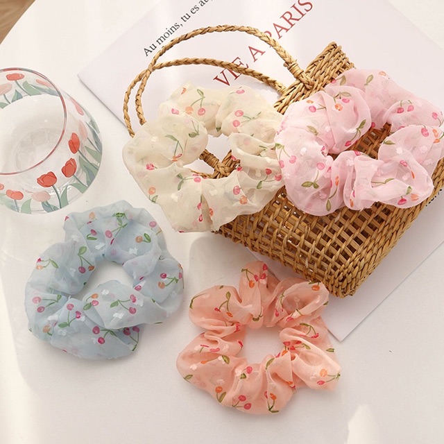 Dây cột tóc vải Scrunchies họa tiết quả Anh Đào