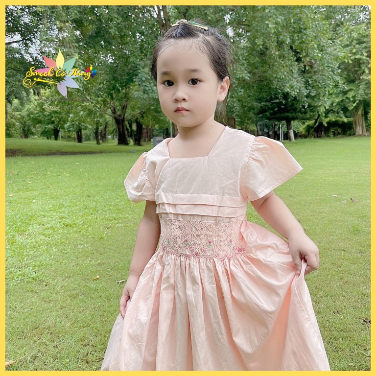 Váy SMOCK Thêu Tay Hồng Cam Chấm Bi Xinh, Đầm Trẻ Em CAO CẤP, Đầm Mùa Hè Cho Bé Gái Tay Ngắn ( MSP: 927 )
