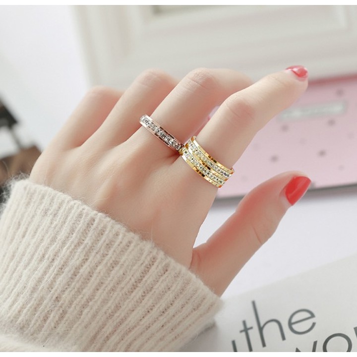 (Hot Style) Nhẫn titan cao cấp 2 hàng đá vuông siêu đẹp, bền màu, hợp thời trang - tặng hộp đựng xinh xắn