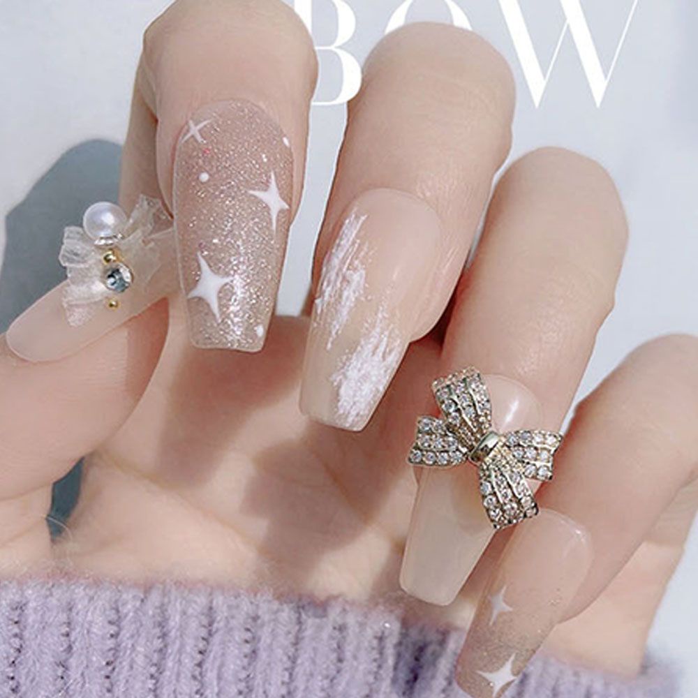 [Hàng mới về] Phụ kiện nơ trang trí móng tay khảm hạt ngọc trai giả sang trọng