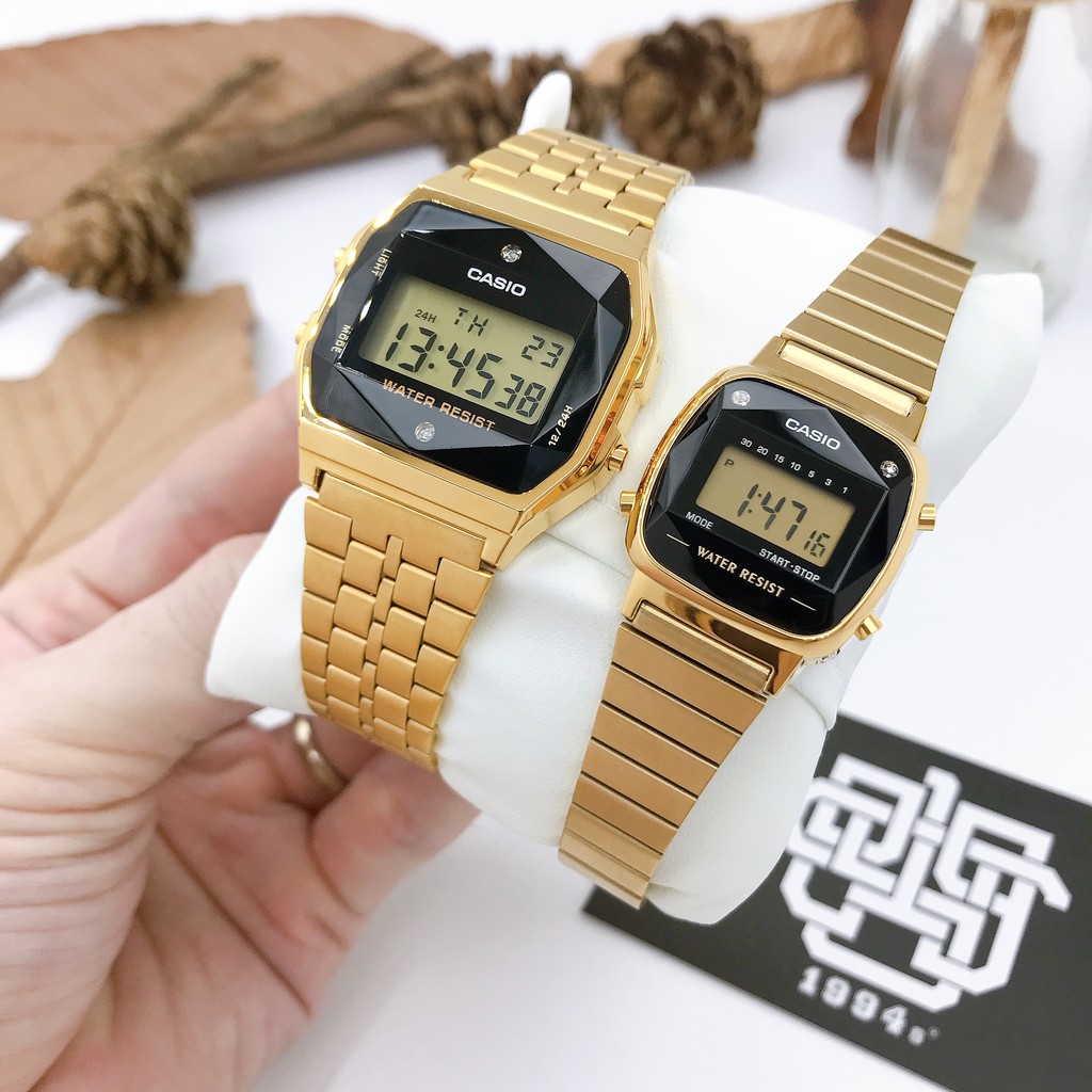 Đồng hồ cặp Casio A159WAD-1 / LA670WAD-1 / A159WGED-1 / LA670WGAD-1 đính kim cương, chống nước 50m, hàng chính hãn