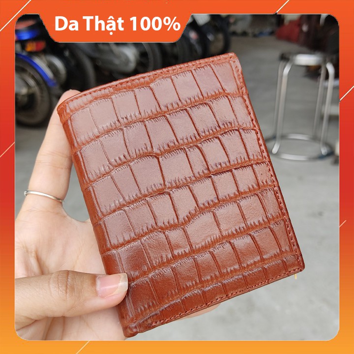 Ví Nam Da Bò - Bóp Da Bò Màu Nâu Dáng Đứng Sang Trọng Dập Nổi Giả Vân Da Cá Sấu - Bảo Hành 24 Tháng