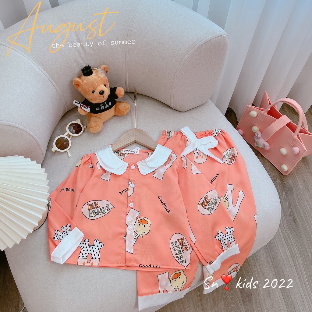 Pijama cho bé, pijama lụa satin cổ 2 tầng bèo nhiều hình dễ thương cho bé gái 20-35kg