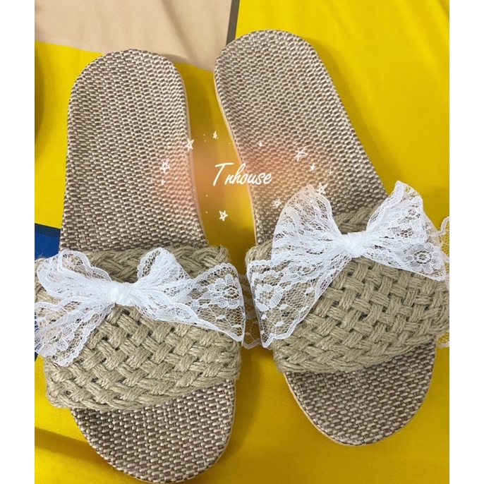 2 mẫu Dép cói ren phối nơ trắng xinh