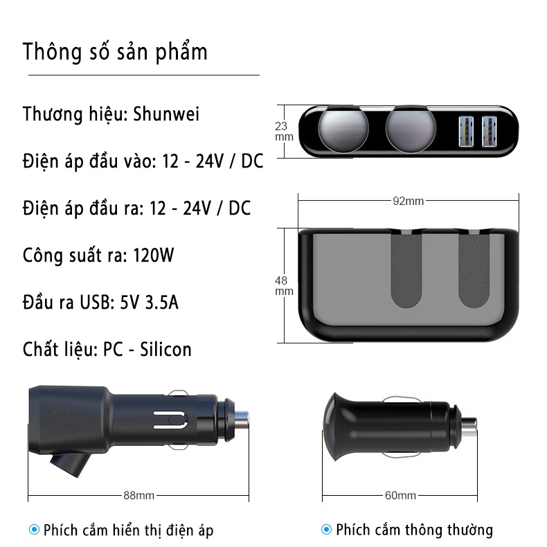 Bộ Chia Tẩu Sạc Shunwei Công Suất Cao 120W 12-24V Dây Kéo Dài Đa Năng
