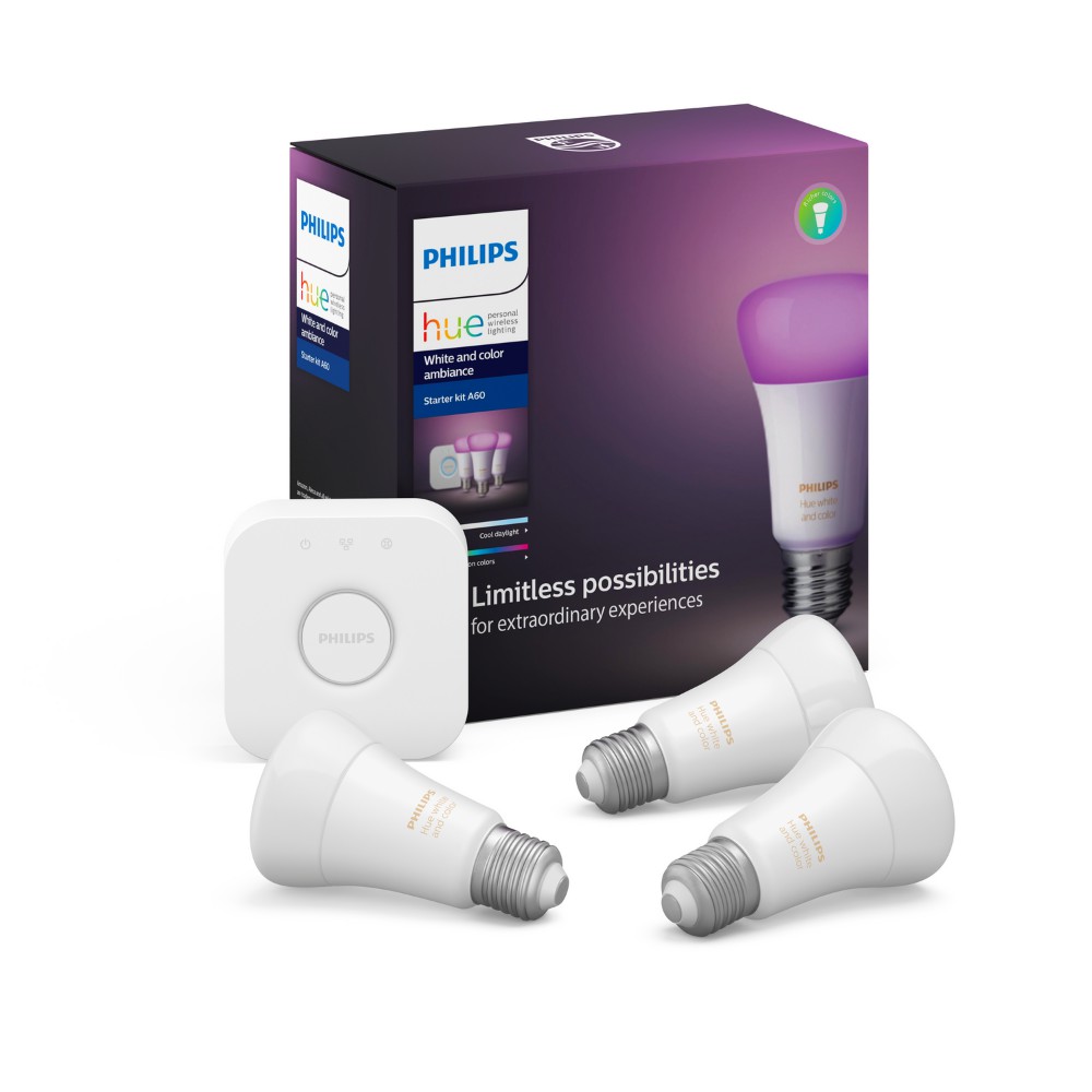 Bộ 3 Bóng Đèn thông minh 16 triệu màu Philips Hue White and Color Ambiance Starter Kit 9W A60 E27 gồm Bridge