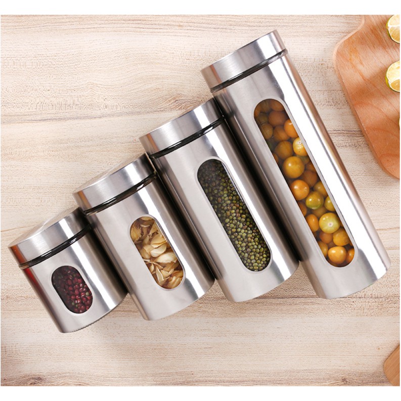 [LỖI NHẸ Ở NẮP - THANH LÝ] Hũ cao cấp đựng gia vị thủy tinh bọc inox, Sử dụng đựng đồ khô...