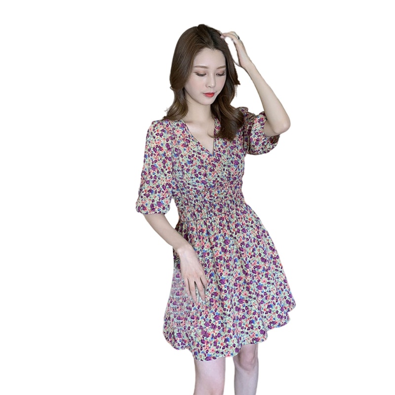 Đầm Chữ A Tay Lửng Cổ Chữ V Họa Tiết Hoa Phong Cách Vintage Dành Cho Nữ
