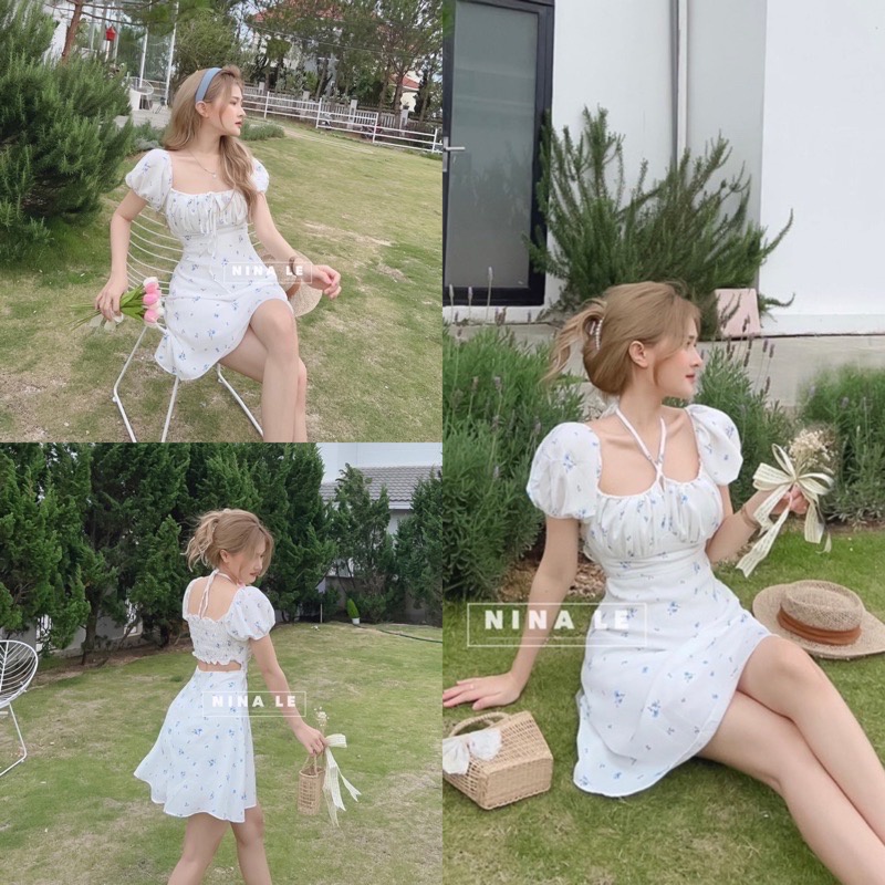 Váy Hoa Nhí Cổ Yếm Hở Lưng Chất Lụa Siêu Đẹp - JUHEE DRESS T235