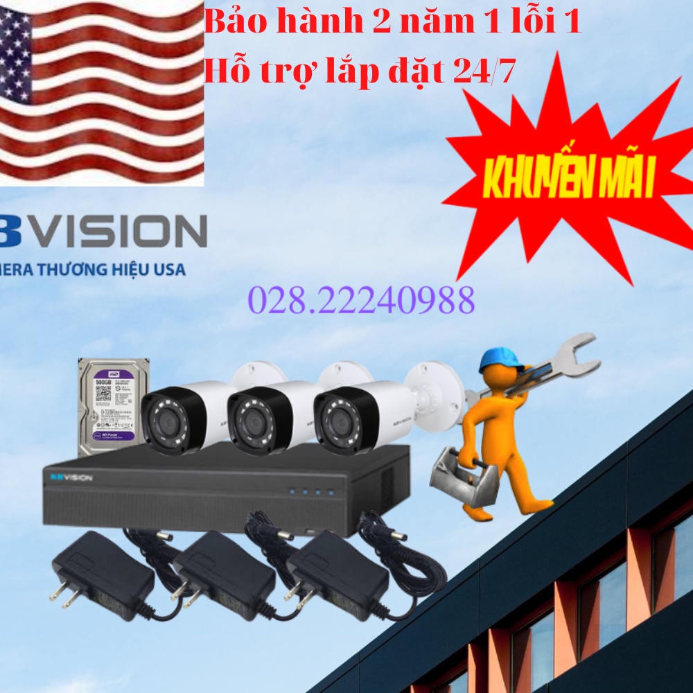 Bộ Camera KBVISION 2 3 4 mắt đến 8 mắt 2mp FullHD 1080p đầy đủ phụ kiện đấu nối sẵn hàng chính hãng